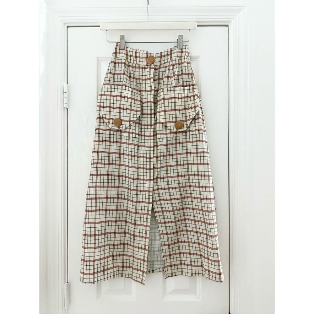 Nicholas Womens Cream Red Relaxed Linen Blend Cargo Plaid Midi Skirt 2 - Picture 1 of 6